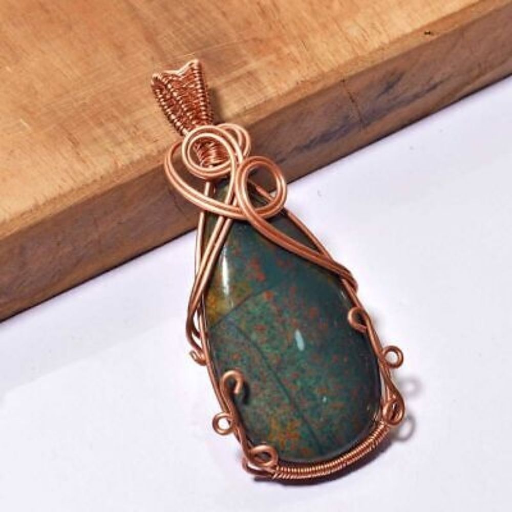 Bloodstone Ethnic Handmade Copper Wire Wrapped Pendant Jewelry 2.8"